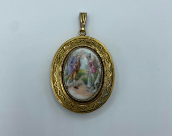 Portrait Locket, Pendant Courting Couple Brass Forties Jewelry