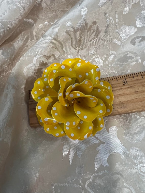 Yellow Enamel Flower White Polka Dotted Brooch 2.… - image 3
