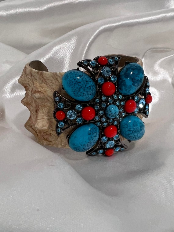 Vintage Cuff Bracelet  Leather Faux Turquoise and… - image 2