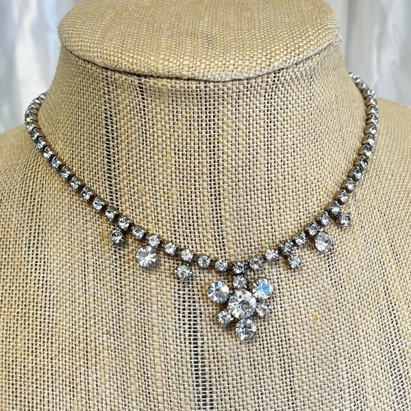 1950s Art Deco Costume Silver Tone ''Garne Jewelry'' Signed Rhinestone Necklace , Wedding Bridal Sparkly