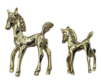 vintage Tiny Horse Pins / Double Brooches / Set de deux strass dorés