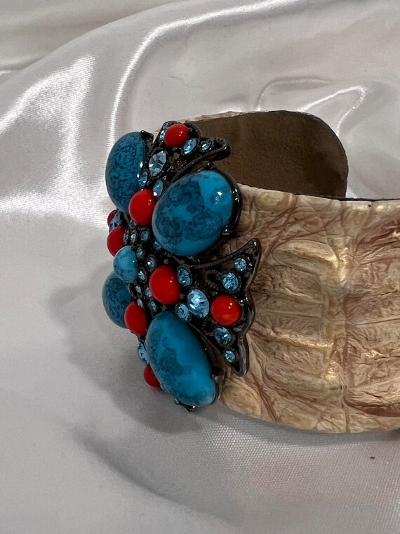 Vintage Cuff Bracelet  Leather Faux Turquoise and… - image 5