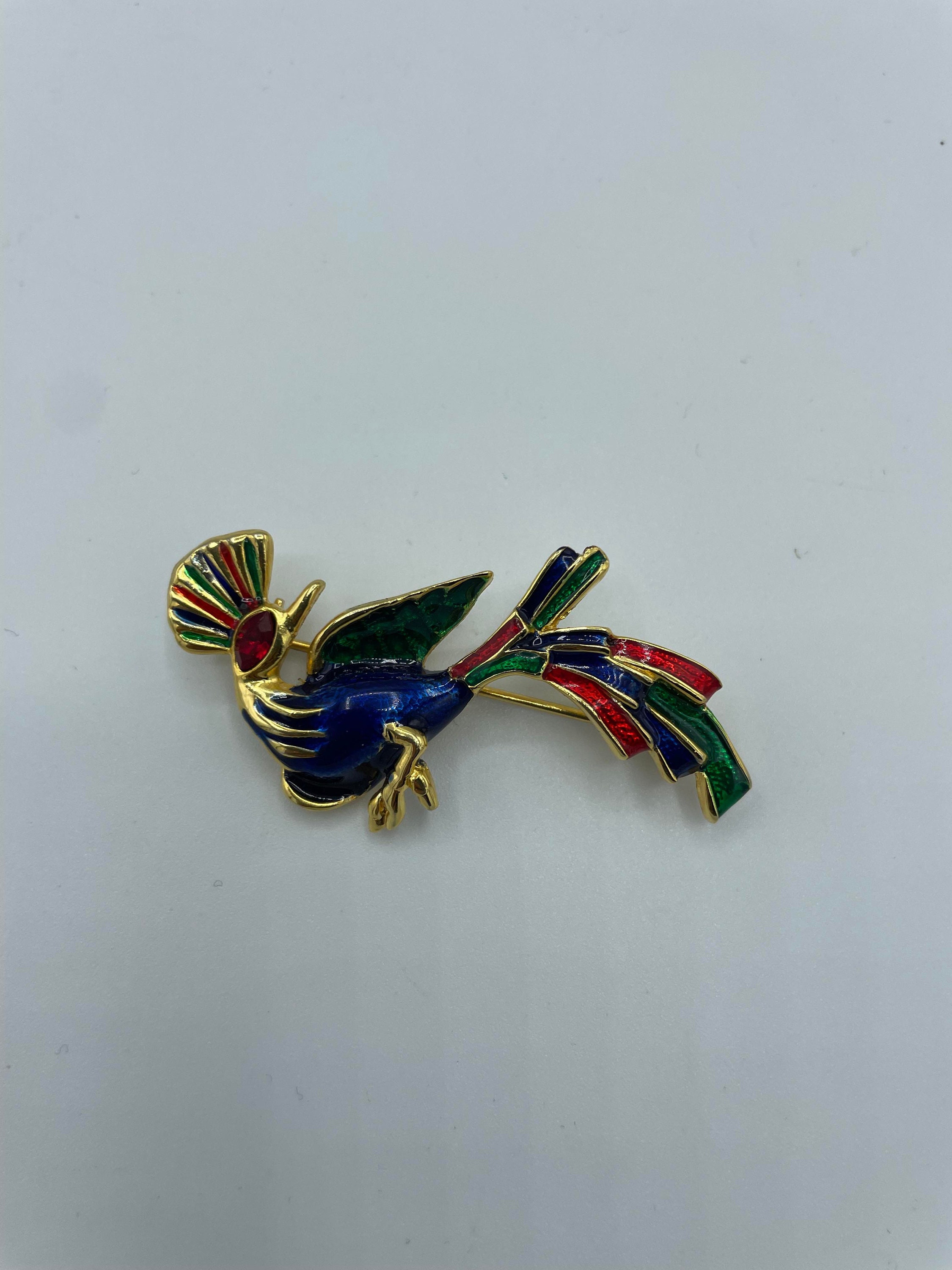 Superbe Petite Broche Oiseau En émail Et Strass Multicolore - Bijou Animalier Occasion Impeccable