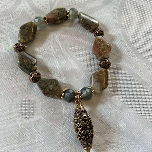 Green Brown Agate & Natural Stone, Vintage Gold Beaded Gemstone Stretch Bracelet