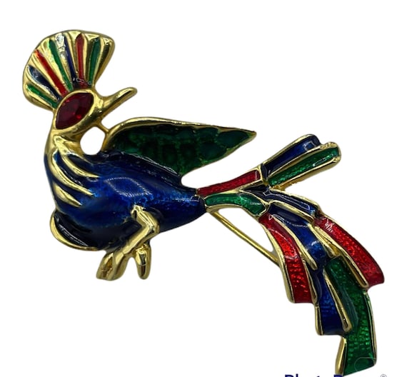 Stunning Blue Enamel Bird of Paradise Brooch - 2" - image 1