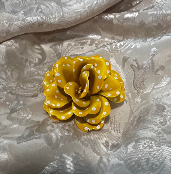 Yellow Enamel Flower White Polka Dotted Brooch 2.… - image 5