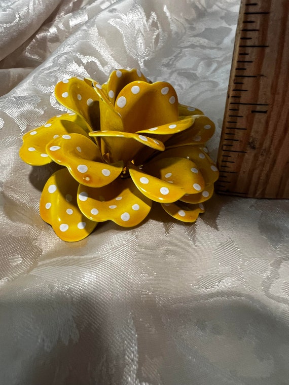 Yellow Enamel Flower White Polka Dotted Brooch 2.… - image 4