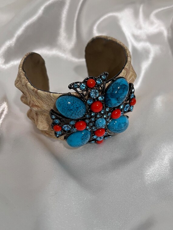 Vintage Cuff Bracelet  Leather Faux Turquoise and… - image 7