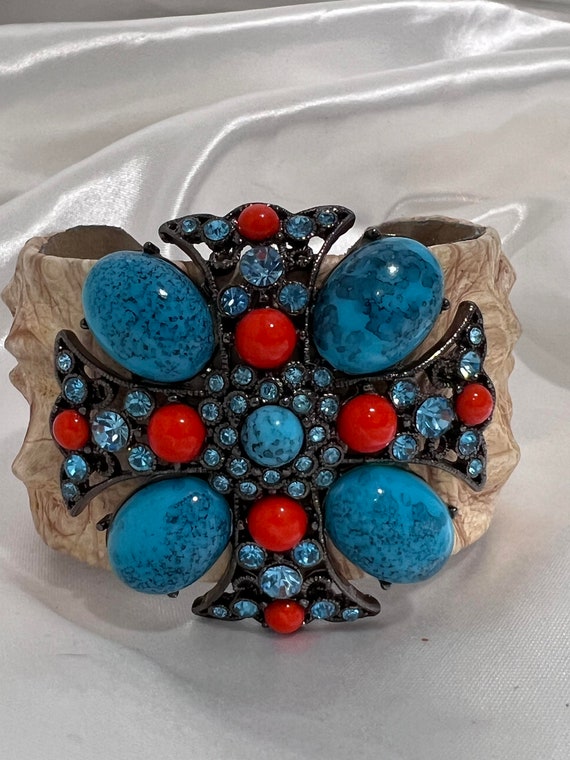Vintage Cuff Bracelet  Leather Faux Turquoise and… - image 1
