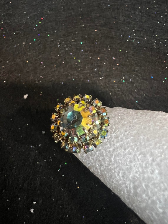 Vintage Rainbow Rhinestone Crystal Flower Ring, a… - image 4
