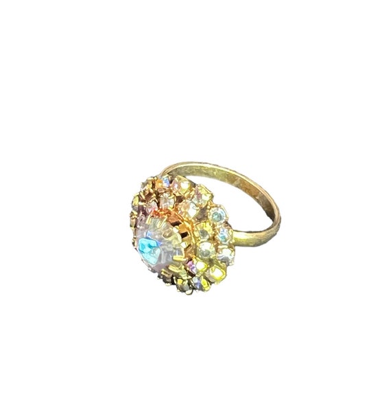 Vintage Rainbow Rhinestone Crystal Flower Ring, a… - image 1