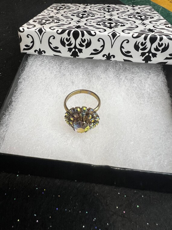 Vintage Rainbow Rhinestone Crystal Flower Ring, a… - image 10