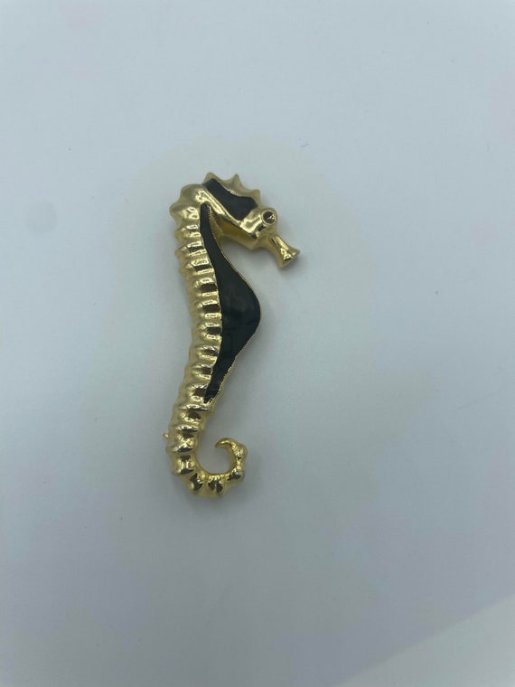 Gold Toned Black and Yellow Vintage Seahorse Brooc