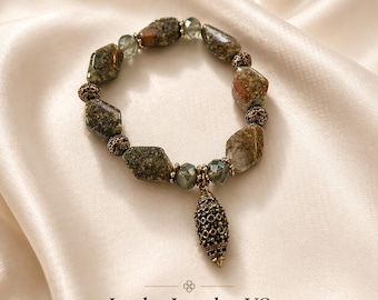 Green Brown Agate & Natural Stone, Vintage Gold Beaded Gemstone Stretch Bracelet