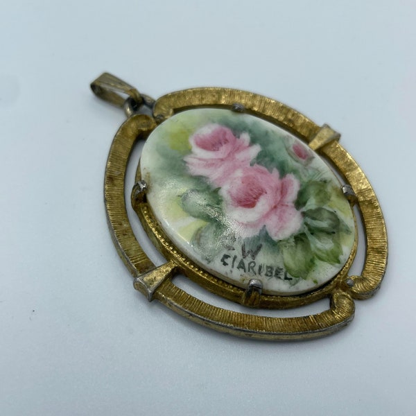 Artist Signed Rose Cameo Pendant Hand Painted ,Signed 2.5'' porcelain