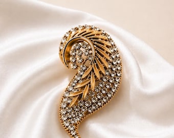BSK Large Clear Rhinestone Scroll Leaf Brooch / Signed