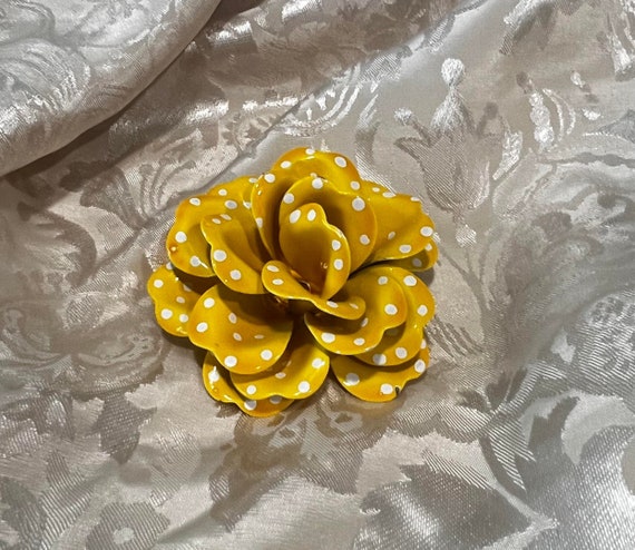 Yellow Enamel Flower White Polka Dotted Brooch 2.… - image 1