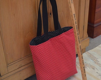 Tote Bag - White Polka Dots on Red Black (Tote, Tote Bag, Market Tote, Book Bag, Shopping Bag, Diaper Bag, Toy Bag, Child's Tote)