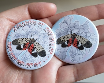 Spotted Lanternfly on an Apple Blossom Branch Pin | Aesthetic Entomology Insect Button