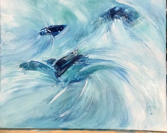 May include: Abstract painting with swirling brushstrokes in shades of blue and white. The artwork features a dynamic composition with areas of deep navy blue contrasting with lighter, airy tones. The textured surface suggests an expressive, gestural style.