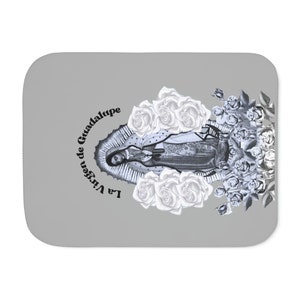 La Virgen De Guadalupe Sherpa Blanket, Two Colors, Our Lady of Guadalupe Throw, Black White and Grey Virgin Mary Blanket, Catholic Gifts