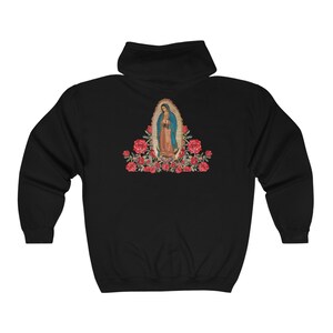 La Virgen De Guadalupe Red Watercolor Roses Unisex Heavy Blend Full Zip Hooded Sweatshirt, Our Lady of Guadalupe Hoodie