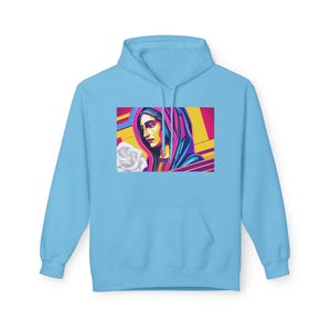 Our Lady of Guadalupe Neon Graphic Hoodie, Religious Virgin Mary Sweatshirt, Unisex Soft Fleece Pullover, Artistic Catholic Apparel, Bright