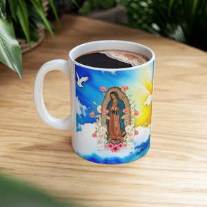 Watercolor Celestial Our Lady of Guadalupe Ceramic Mug 11oz, Virgin Mary art, La Virgen de Guadalupe Taza
