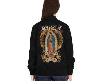 Our Lady of Guadalupe Women's Bomber Jacket, Catholic Gifts, Virgen de Guadalupe Chamarra para mujer