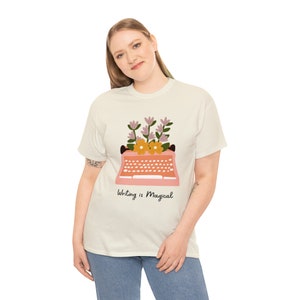 Writing is magical Typewriter and flowers Unisex Heavy Cotton Tee