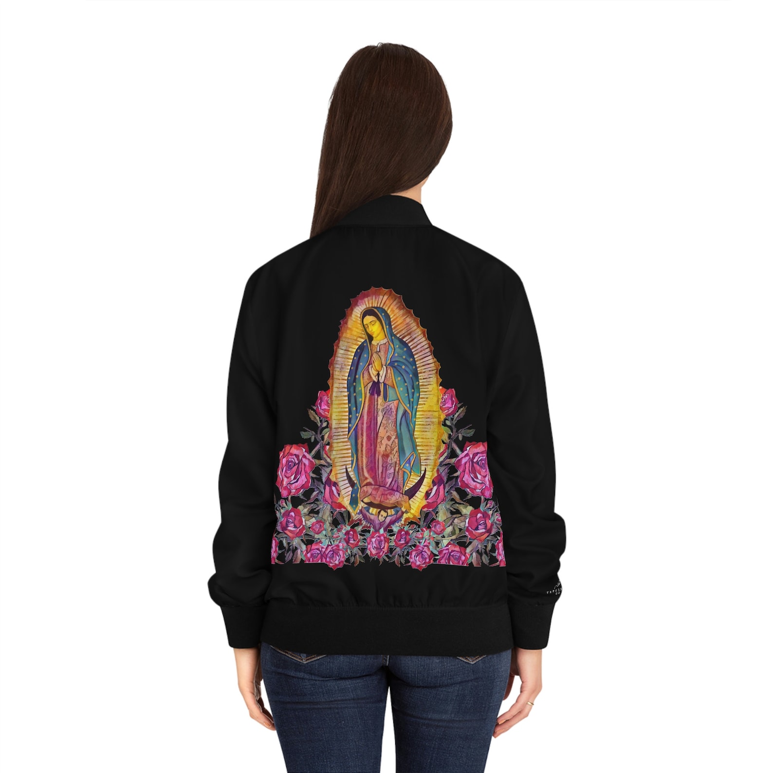 Virgen De Guadalupe Women's Bomber Jacket AOP, Chamarra De La Reina De