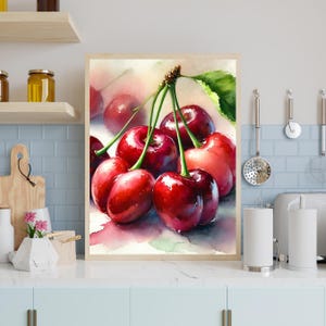 Wydruk sztuki akwarelowej z wiśnią | Wystrój kuchni 18x24 | Wydrukowana sztuka ścienna z owocami | Cyfrowe pobieranie czerwonych wiśni