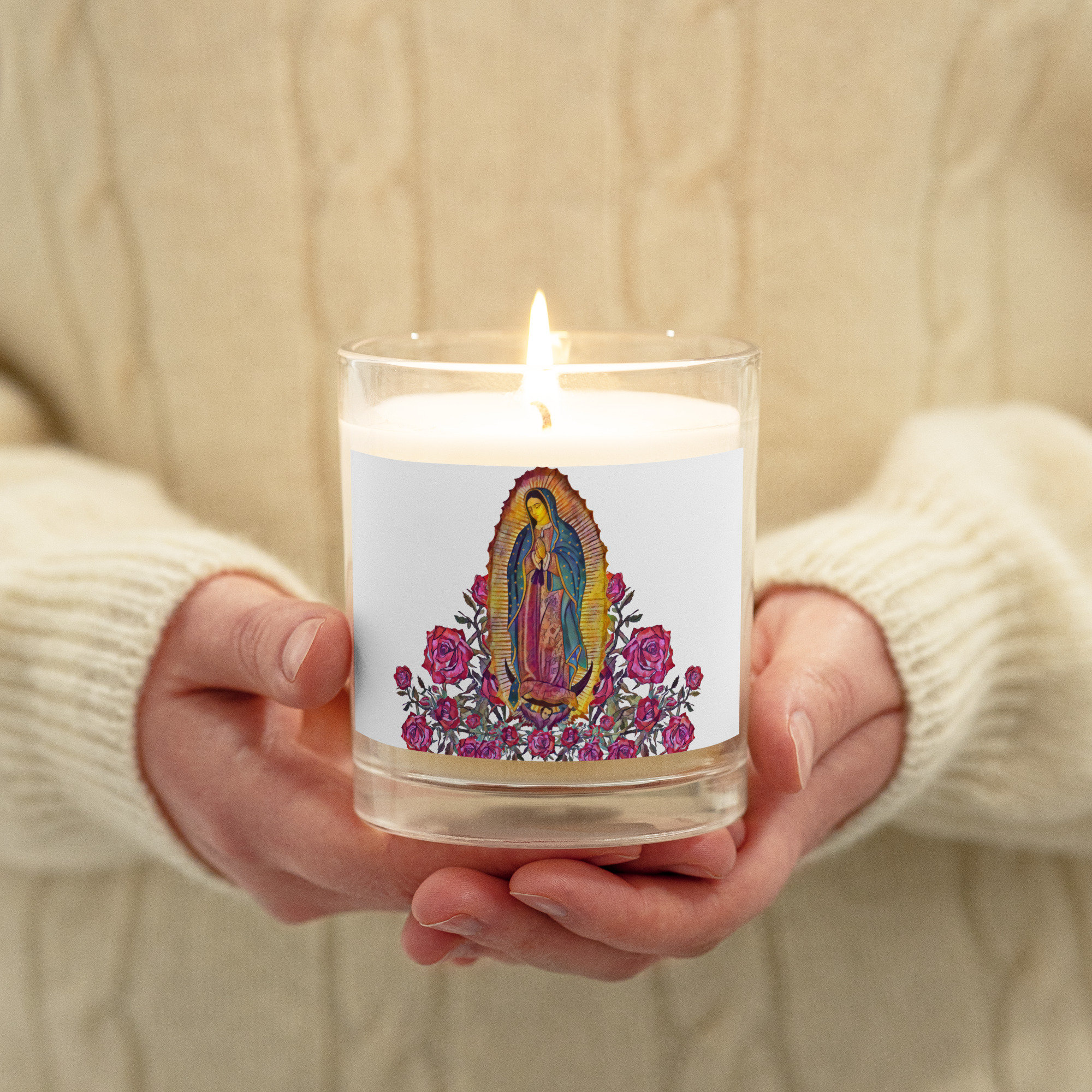 La Virgen De Guadalupe Watercolor Glass Jar Unscented Soy Wax Candle, Catholic Gifts, Virgin