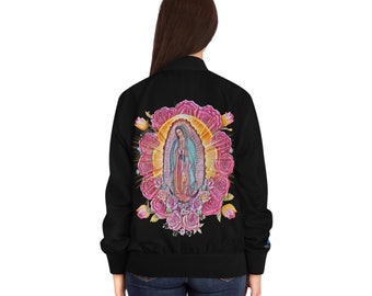 Virgen De Guadalupe Women's Bomber Jacket (AOP), Virgin Mary Jacket, Catholic Apparel