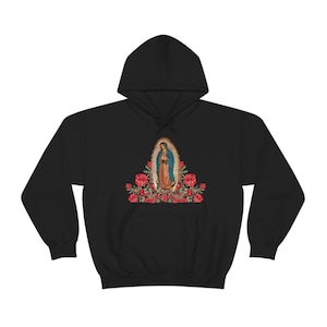 Artistic Virgen De Guadalupe Red Roses Hoodie | Unisex Heavy Blend Sweatshirt, Virgin Mary Hoodie