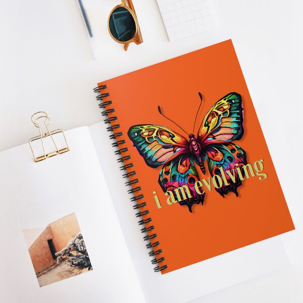 Pop Art Rainbow Butterfly Spiral Notebook - Ruled Line, I am evolving, Affirmation journal