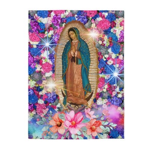 La Virgen De Guadalupe Bright Floral Design Velveteen Plush Blanket, Frazada Virgen Maria, Reina Del Mundo, Catholic Gifts