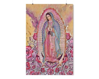 La Virgen de Guadalupe Red Roses Watercolor Poster by Yesenias_Song, Premium Matte Vertical Posters, Our Lady of Guadalupe Wall Decor