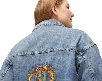 Our Lady of Guadalupe Watercolor Women's Denim Jacket, Catholic Jacket, Virgin Mary Jacket