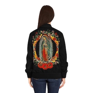Chaqueta bomber para mujer La Virgen de Guadalupe: arte religioso, estilo herencia mexicana, ropa informal ligera