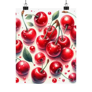 Cherry Art Print, Red Cherries Poster, 8x10 Fruit Wall Art, Aesthetic Kitchen Decor