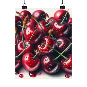 Cherries Wall Art, Red Fruit Poster, 8x10 Kitchen Decor, Modern Food Illustration