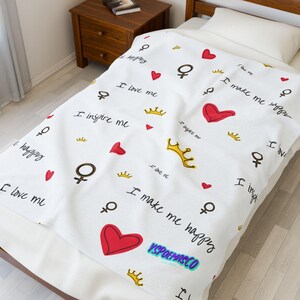 Self Love Queen Velveteen Plush Blanket, Cozy Throw, Inspirational Gift for Her , Home Decor Valentines Day, Soft and Warm