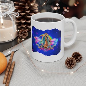 Tęczowy kubek ceramiczny Matki Bożej z Guadalupe 11 uncji, wystrój kuchni katolickiej, prezenty katolickie