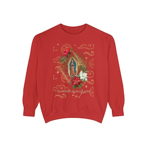 La Guadalupana Unisex Garment-Dyed Sweatshirt, Catholic Gifts, Virgin Mary Sweater
