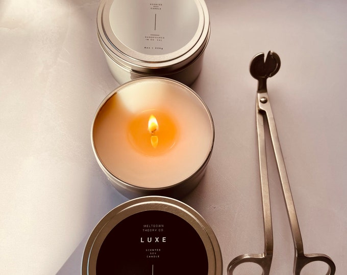 Hand Poured Soy Candle in Travel Tin, Non-Toxic Aromatherapy, Cotton Wick, 8oz Luxe Candle