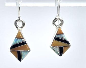 Pendientes colgantes de varias piedras preciosas: diamante, ópalo y ónix, hechos a mano en plata de ley 925.