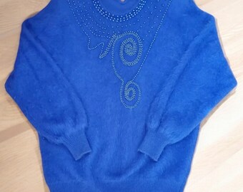 Suéter Connie A. Lee vintage, talla M/L, 80 % angora, azul rey, mangas dolman, con cuentas
