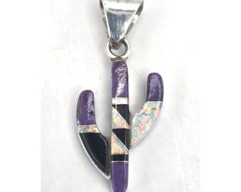 Multi-Gemstone Cactus Shaped Pendant Sterling Silver Inlays Double Sided NEW