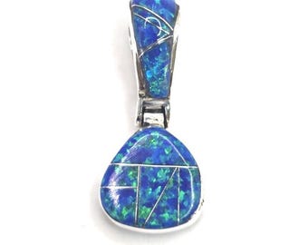 Blue Opal Jasper Onyx Pendant 0.75" Pear Shape Reversible Handmade Sterling